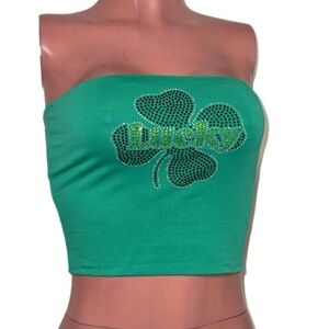 Emerald green Strapless Crop tube Top rhinestone bling Shamrock clover